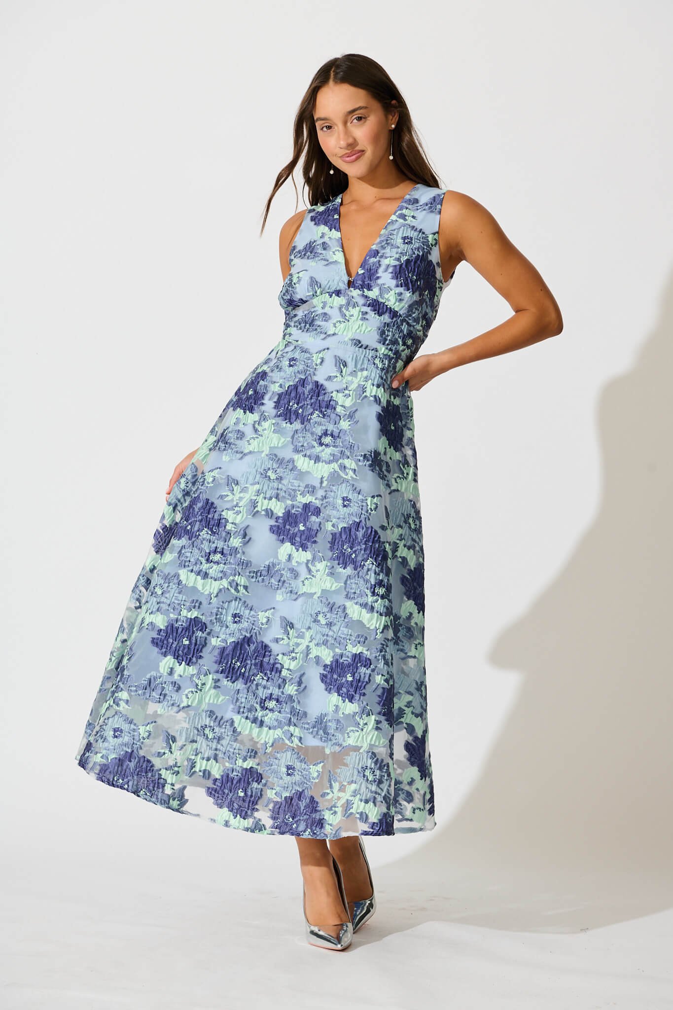 Maxi Dress in Blue Floral Organza Jaquard