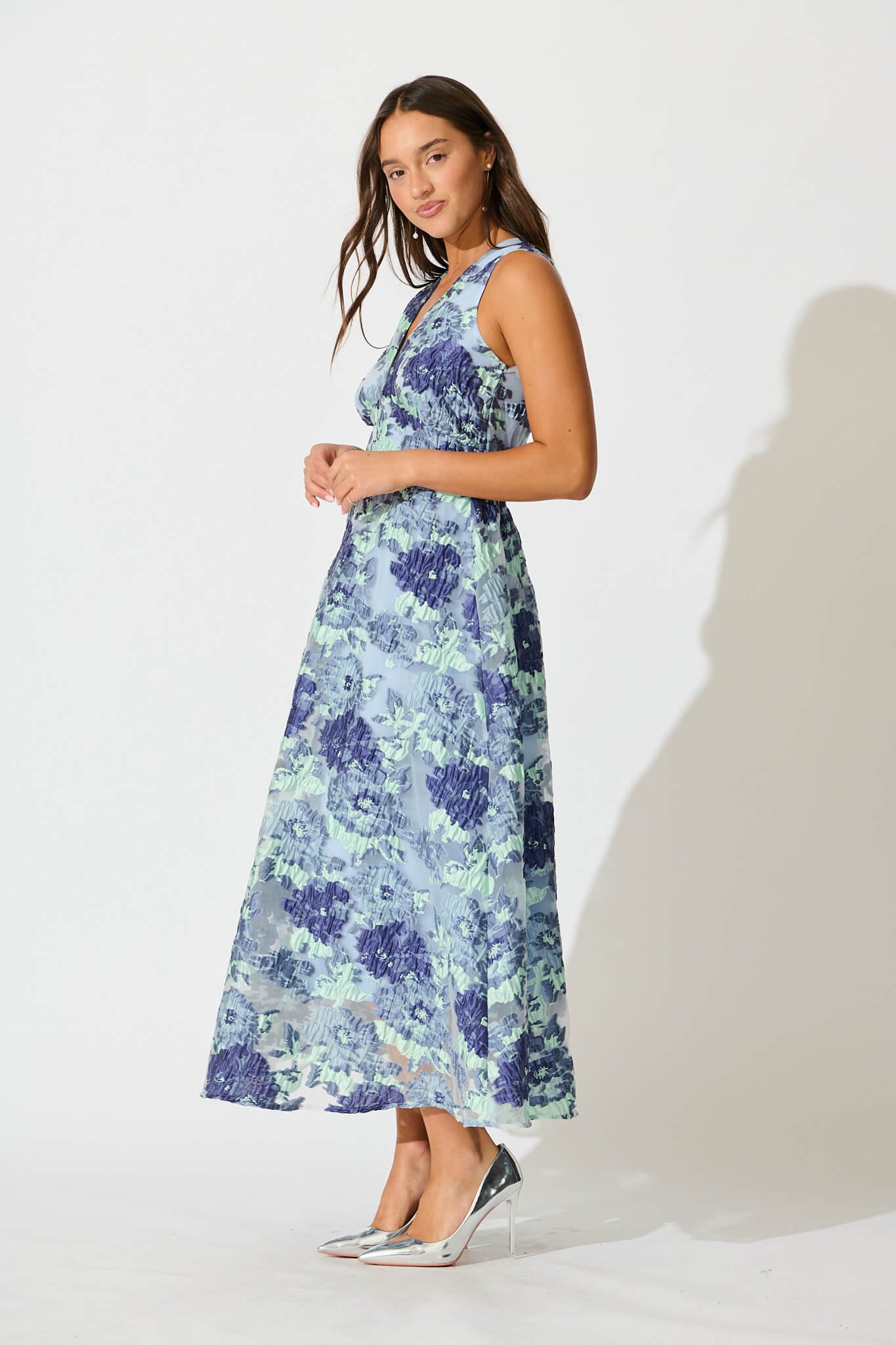 Maxi Dress in Blue Floral Organza Jaquard - Image 3