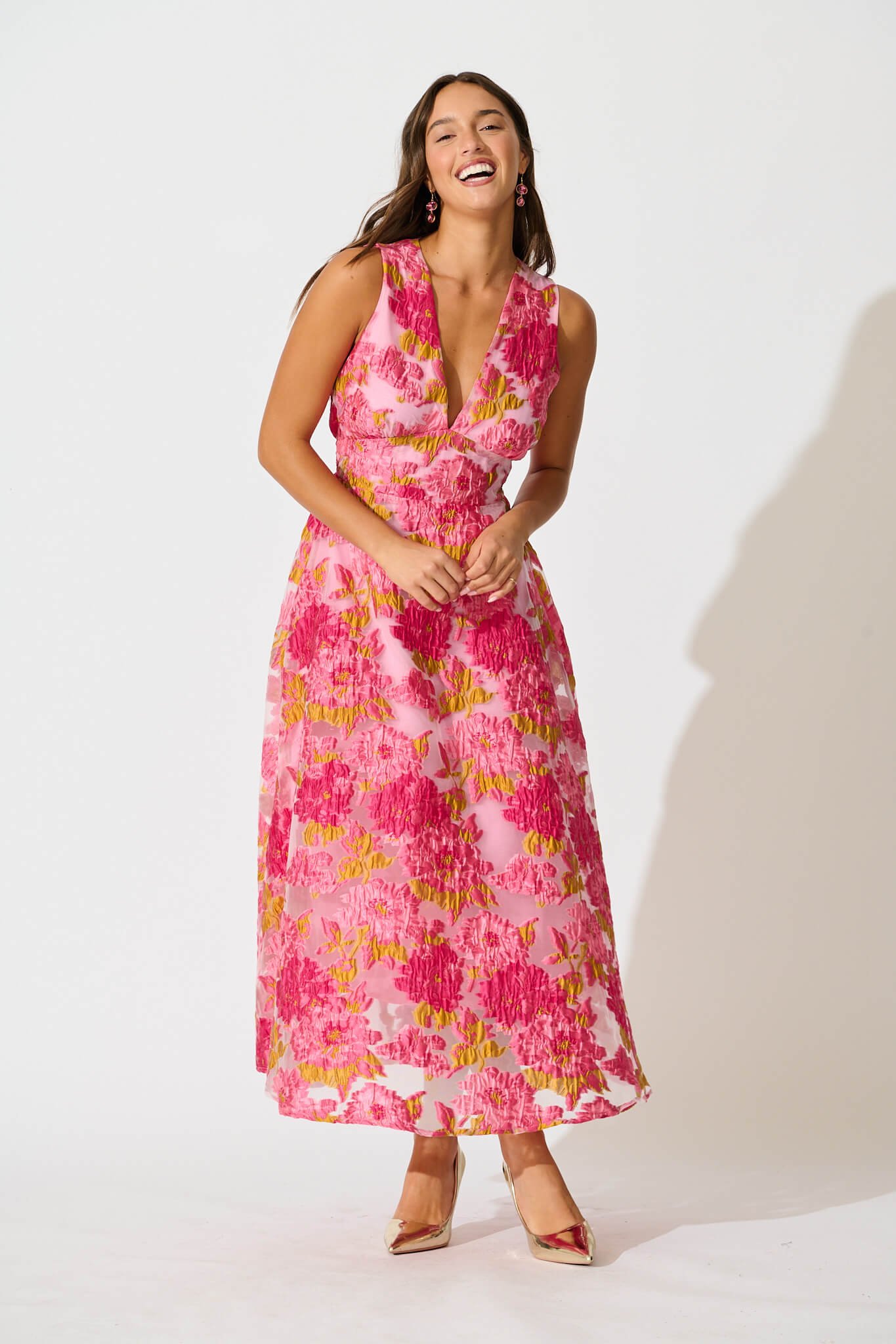 Maxi Dress In Pink Floral Organza Jacquard - Image 5