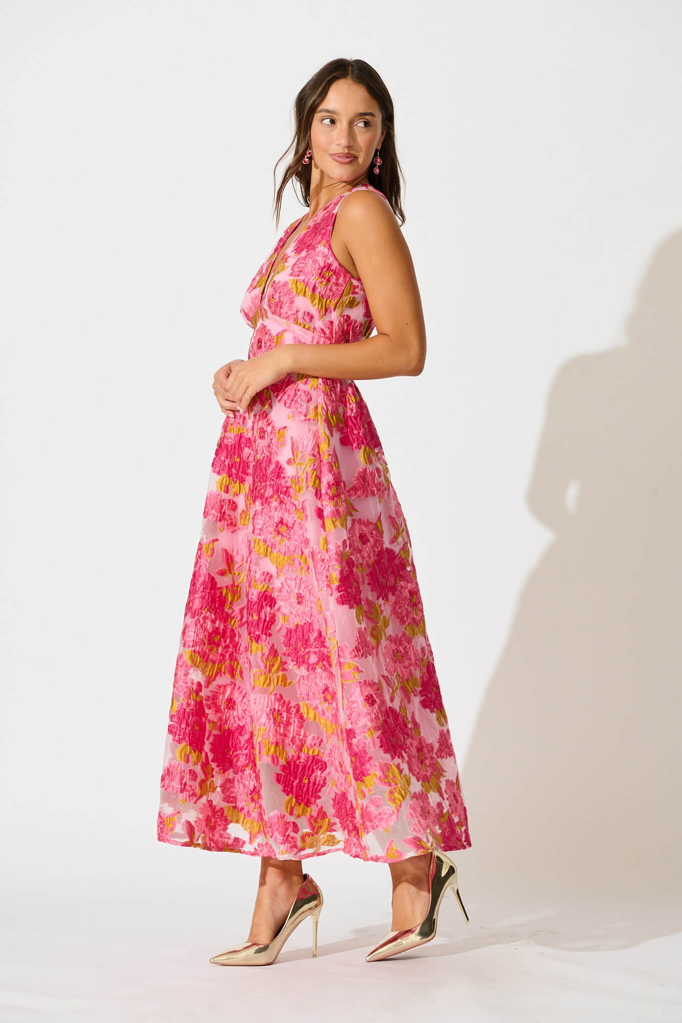 Maxi Dress In Pink Floral Organza Jacquard - Image 3
