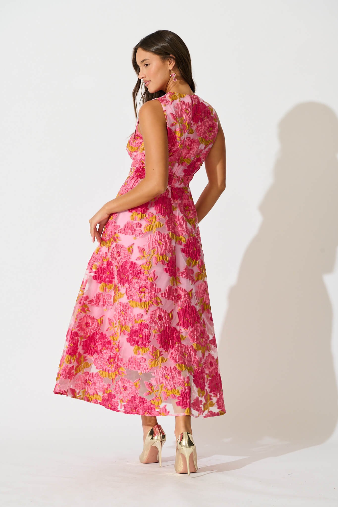 Maxi Dress In Pink Floral Organza Jacquard - Image 4