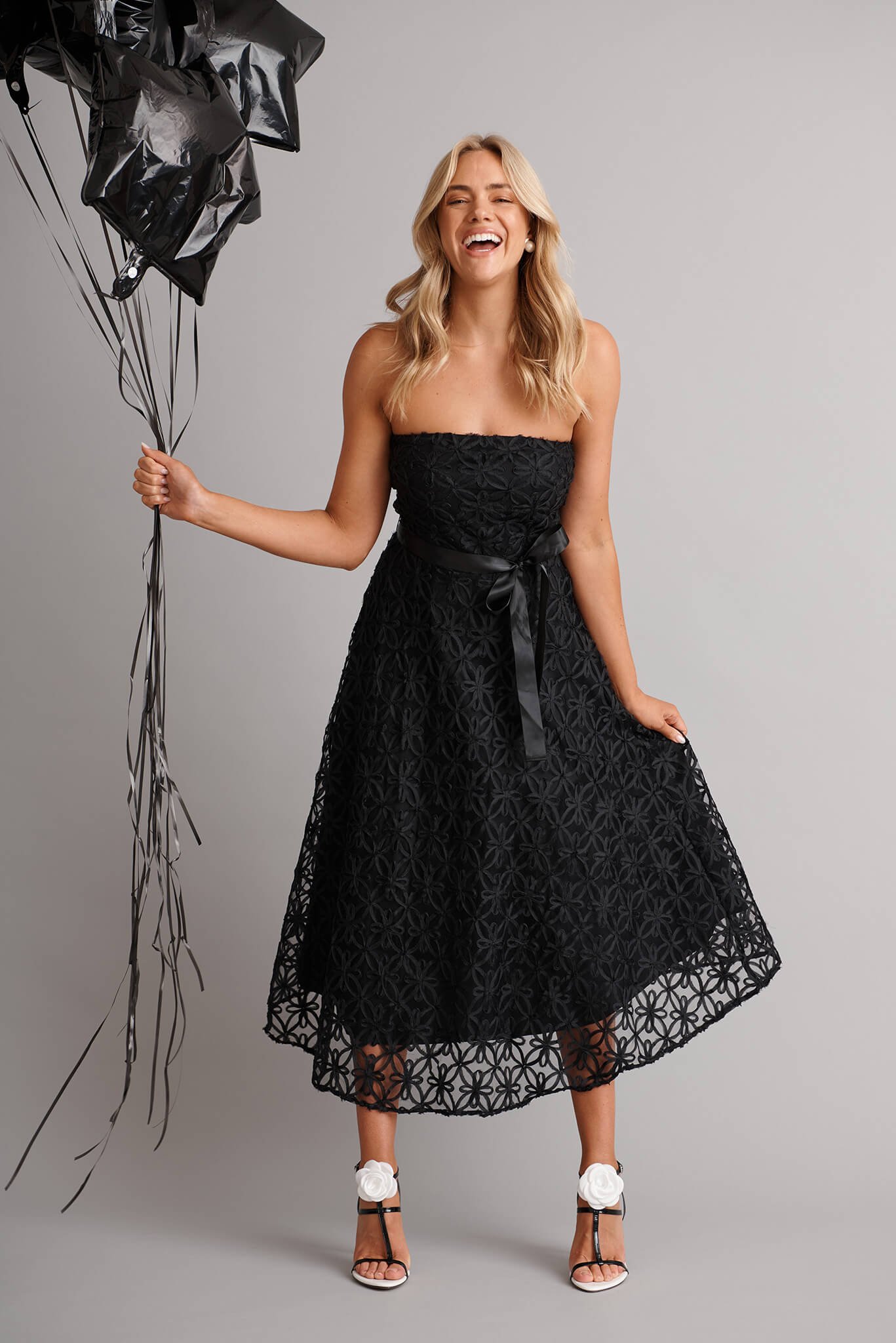 Midi Dress in Black Floral Embroidered Tulle