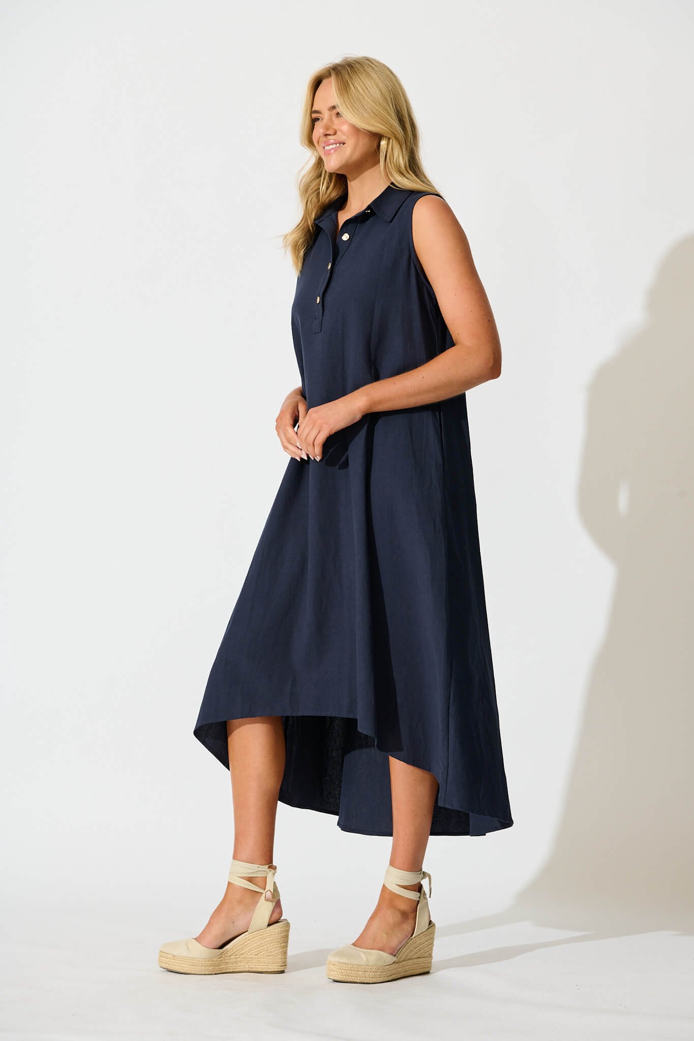 Midi Dress in Navy Linen Blend - Image 3