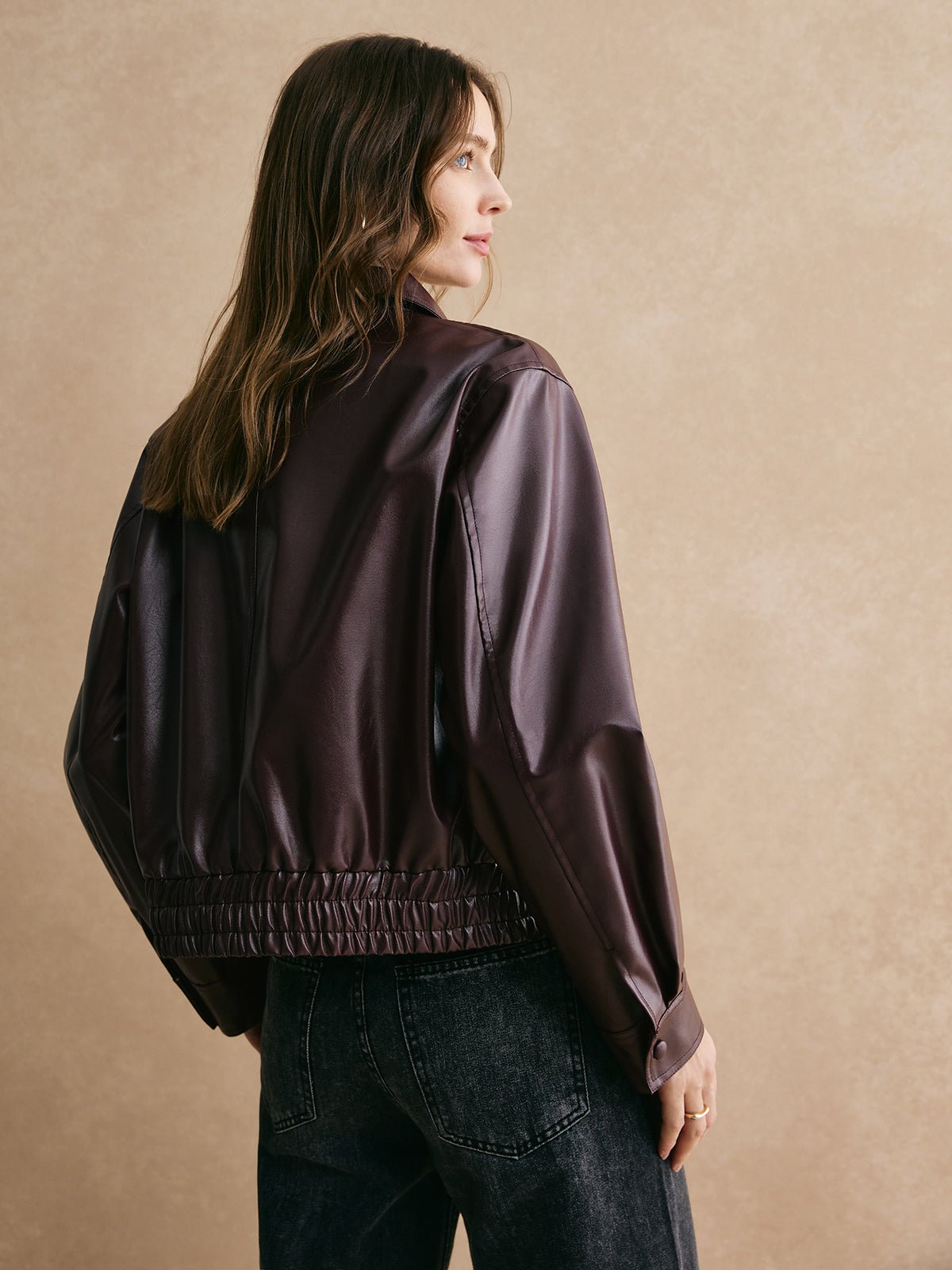 Lapel Zipper PU Leather Short Jacket - Image 3