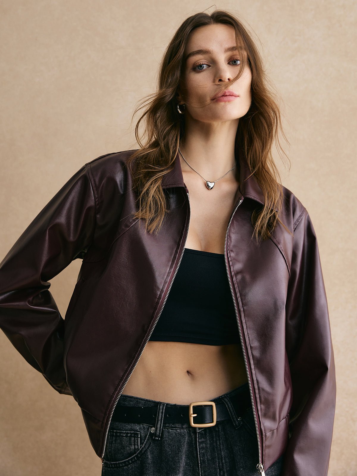 Lapel Zipper PU Leather Short Jacket - Image 5