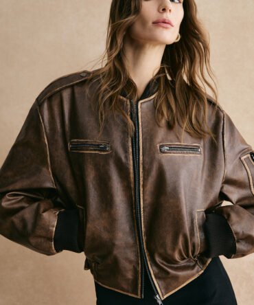 Ribbed-Cuff Zipper PU Leather Jacket