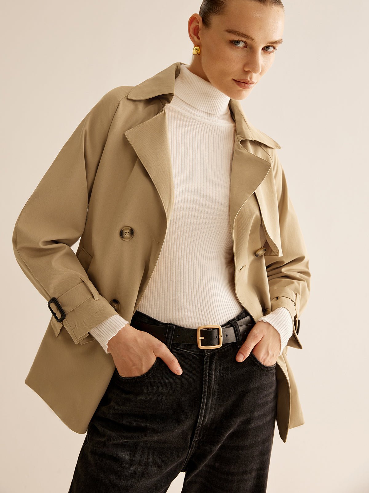 Buckle Design Lapel Belted Trench Coat - Image 3