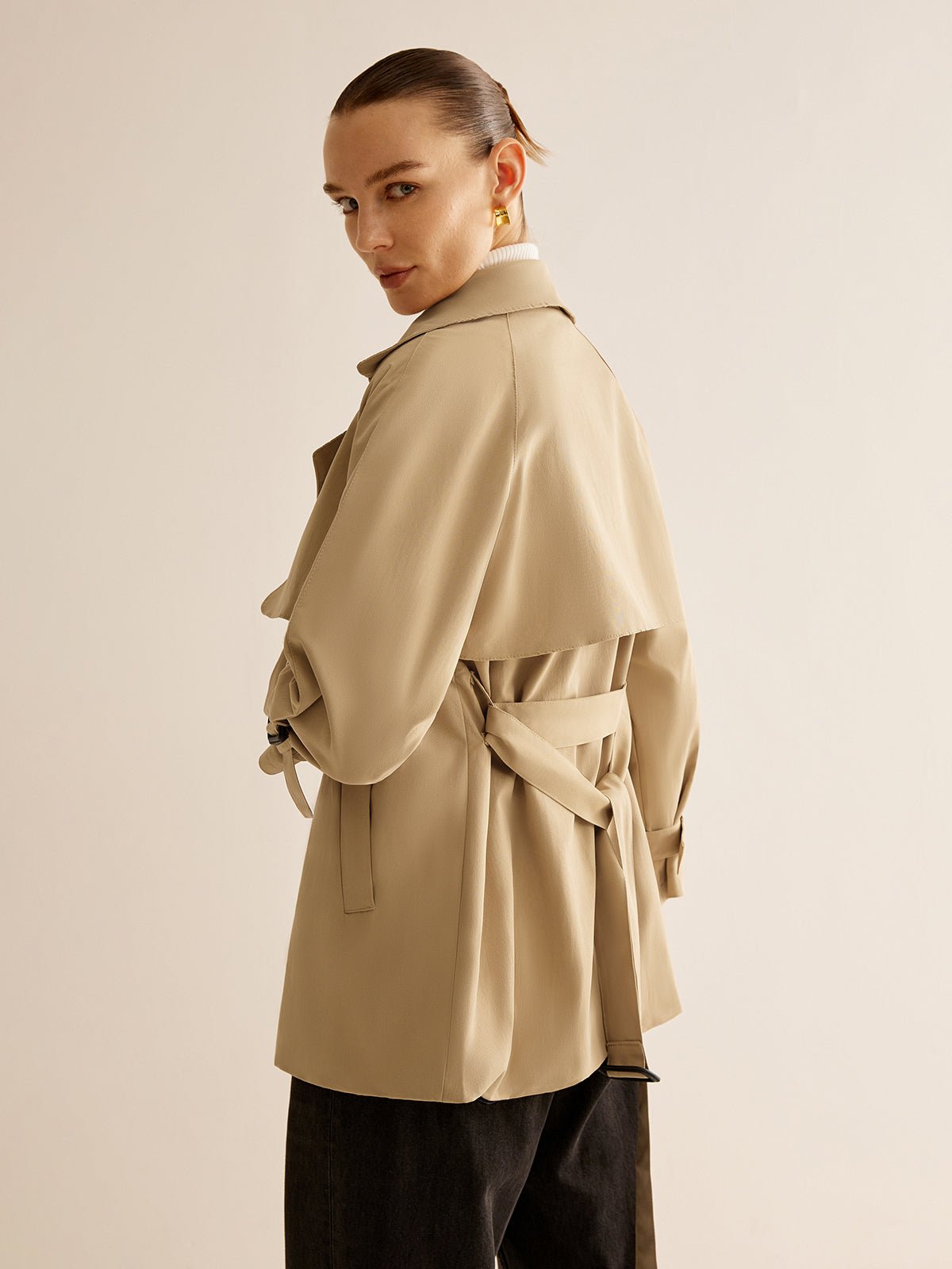 Buckle Design Lapel Belted Trench Coat - Image 6