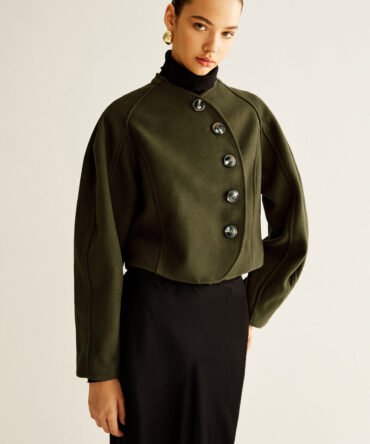 Asymmetrical Button Crop Tweed Coat