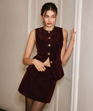 Metal-Button Velvet Cinched Vest