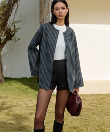 Pinstripe Button Blazer With Tassel Scarf